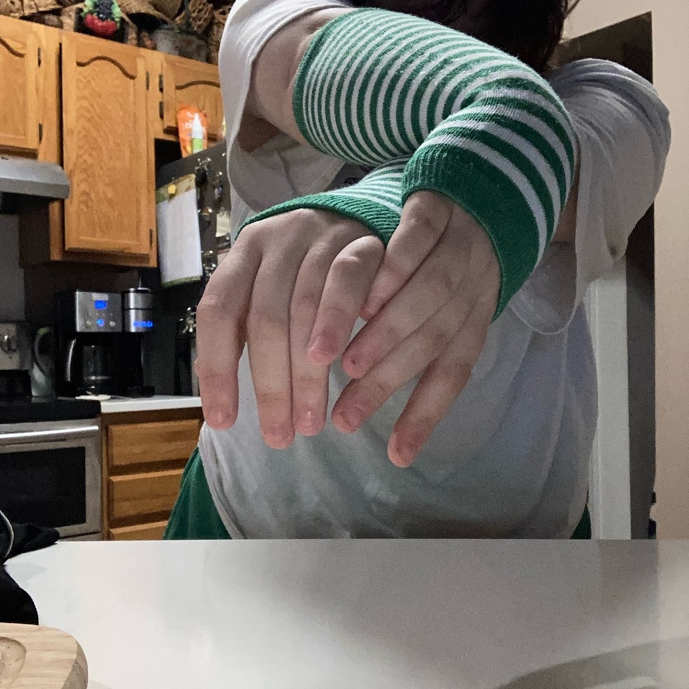 Green and White Striped Gloves
